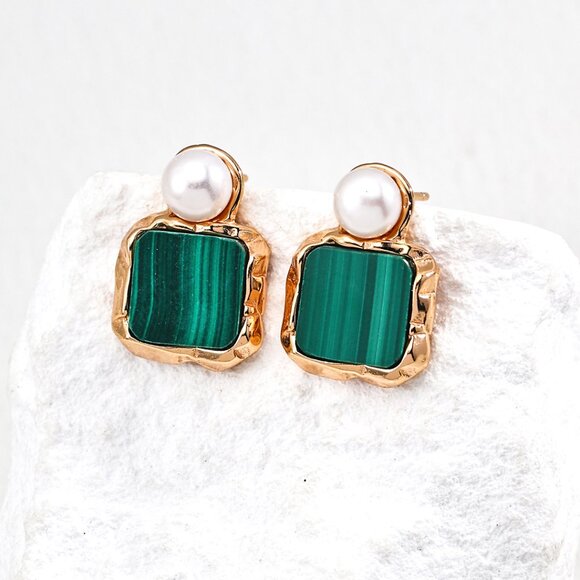💚 Artisan Original Design Malachite & Pearl Statement Drop Earrings | S925 - Picture 3 of 5